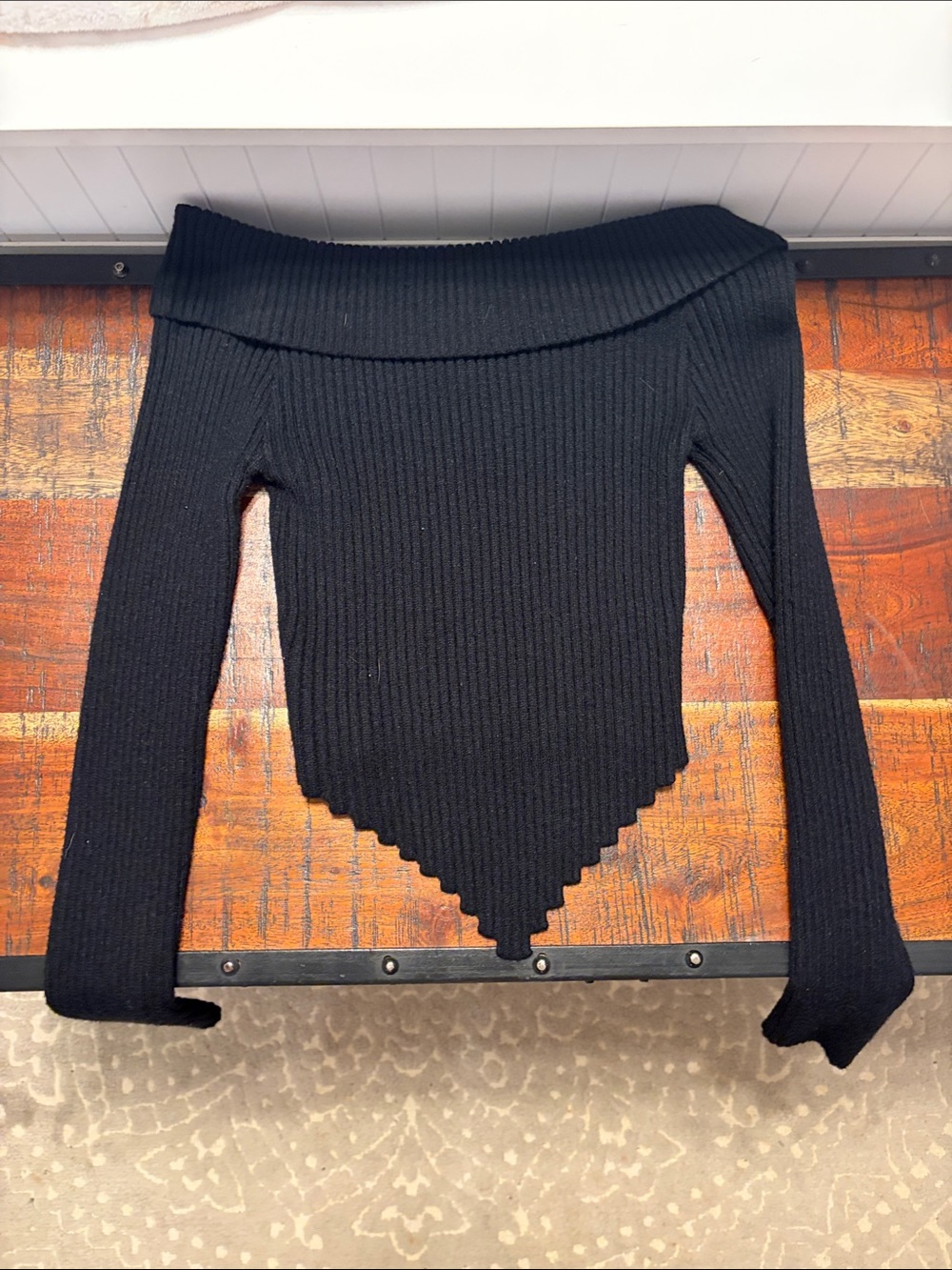 Windsor Black Ribbed Off-the-Shoulder Point-Hem Sweater